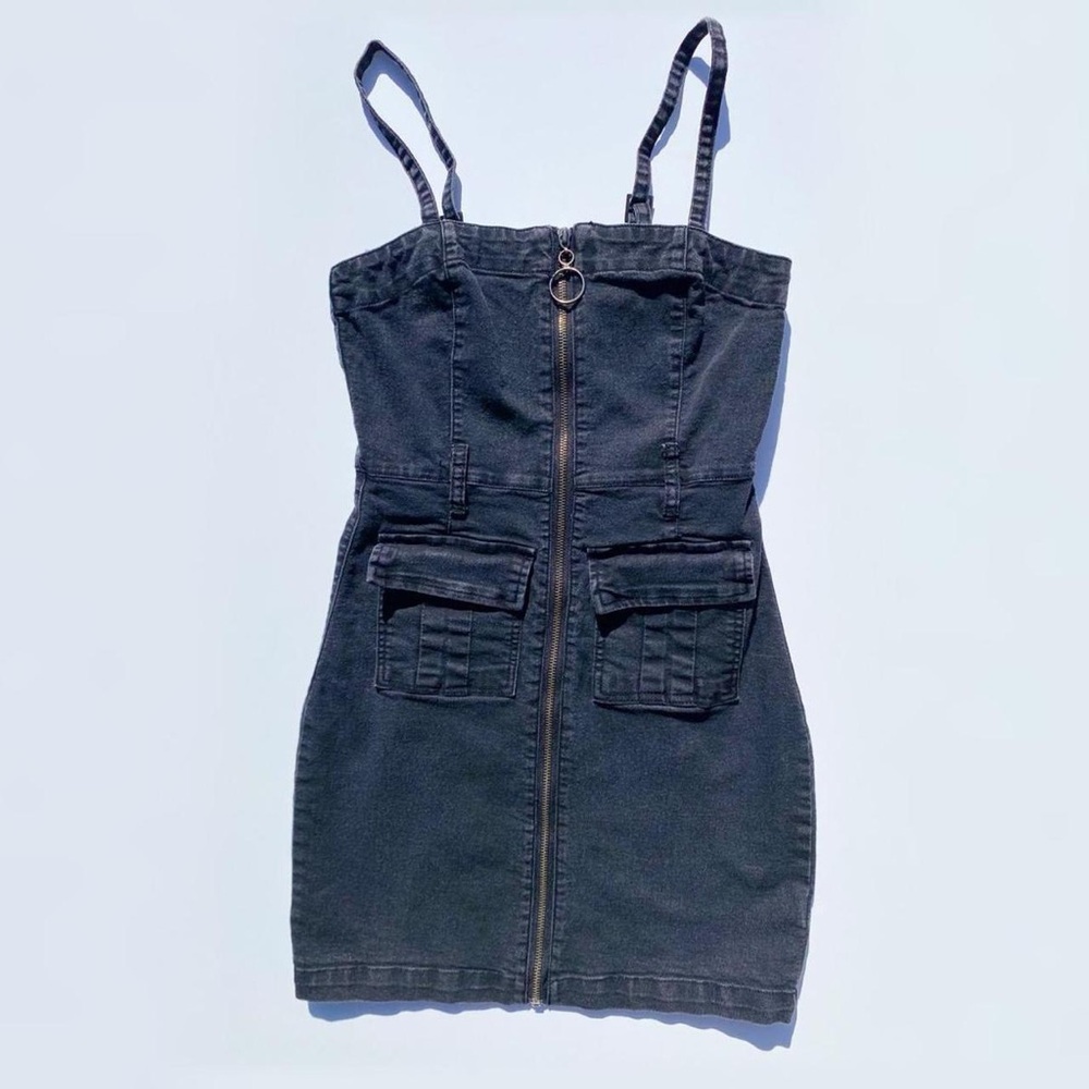 Dark Grey denim utility front zipper strap dress Women's Small Forever 21 Fall